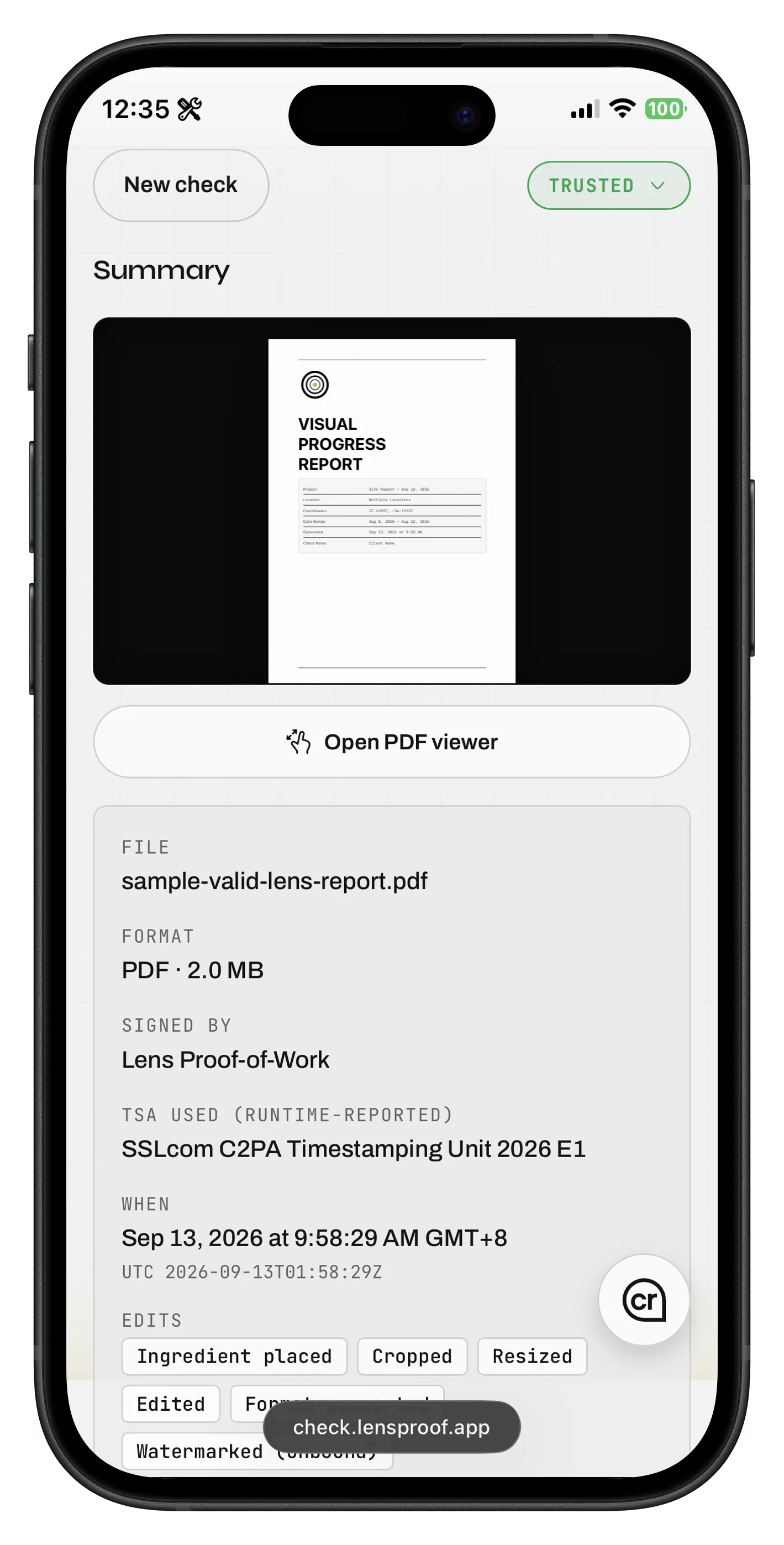 Lens Proof Check v0.8.6 — mobile Summary with timestamp and TSA evidence